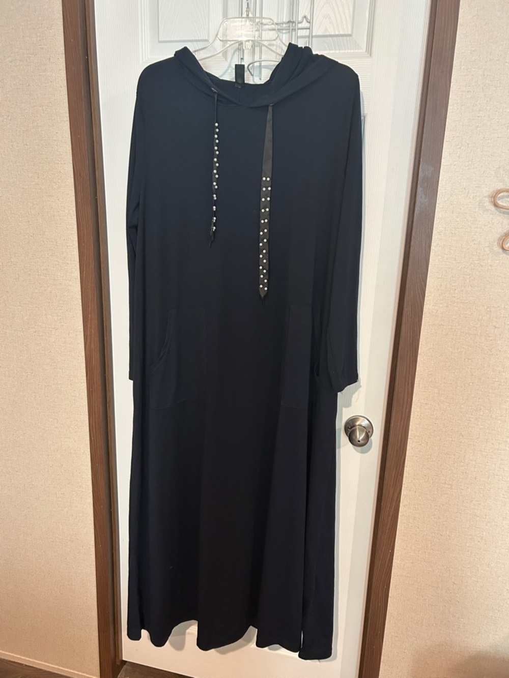 Navy Hooded Long Sleeve Maxi Dress with Studded Drawstrings